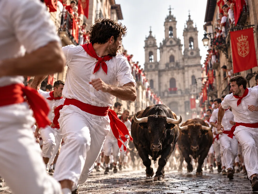 Encierro de Pamplona: corredores por una calle con vallado de madera