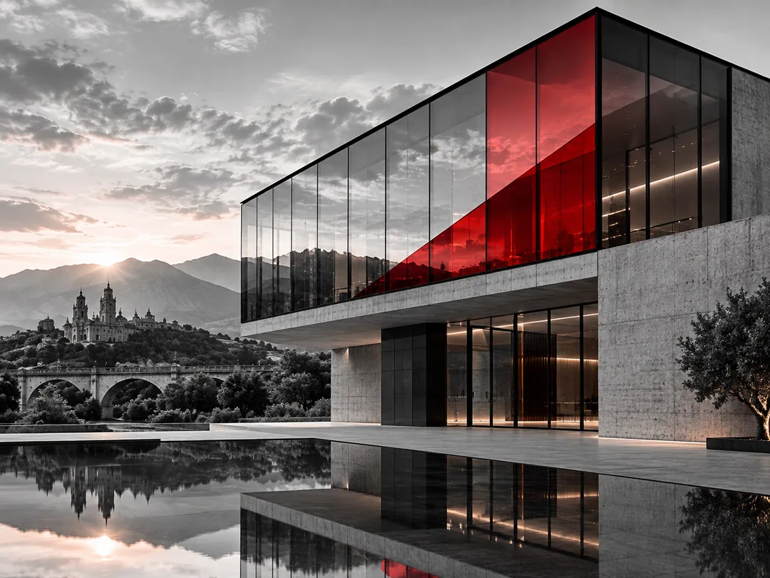 Fachada acristalada de un edificio corporativo con paneles rojos