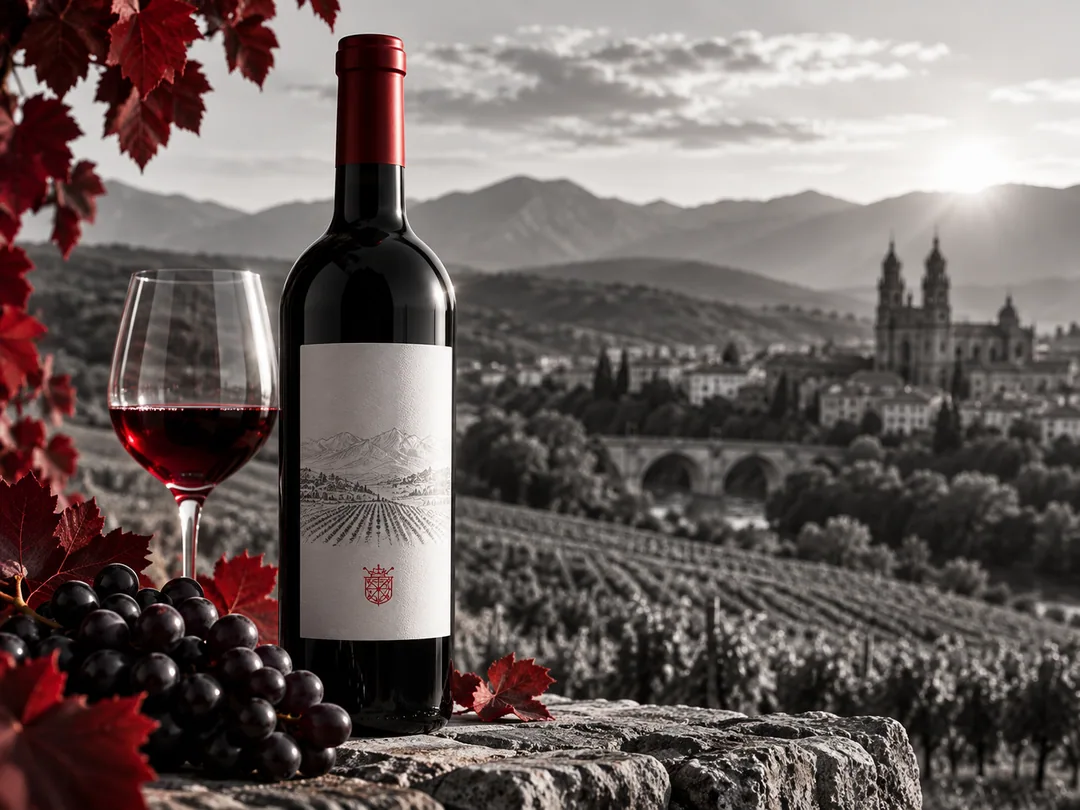 Botella de vino sobre una mesa con un viñedo detrás