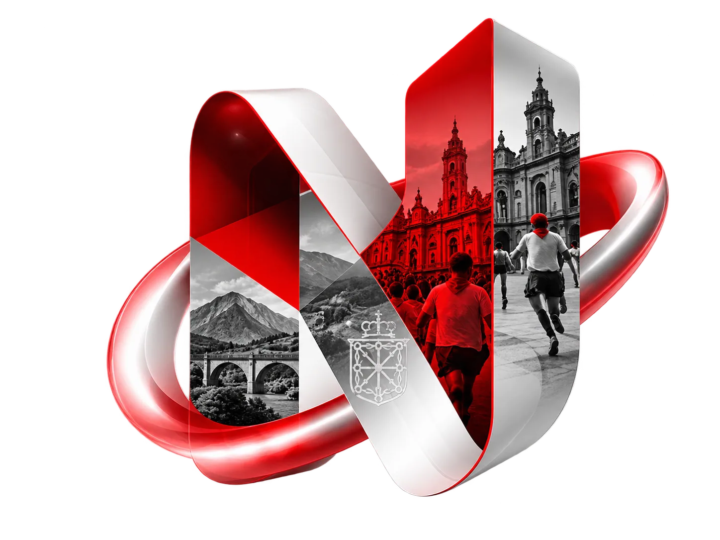 Letra N tridimensional en rojo y blanco con imágenes de Navarra en su interior