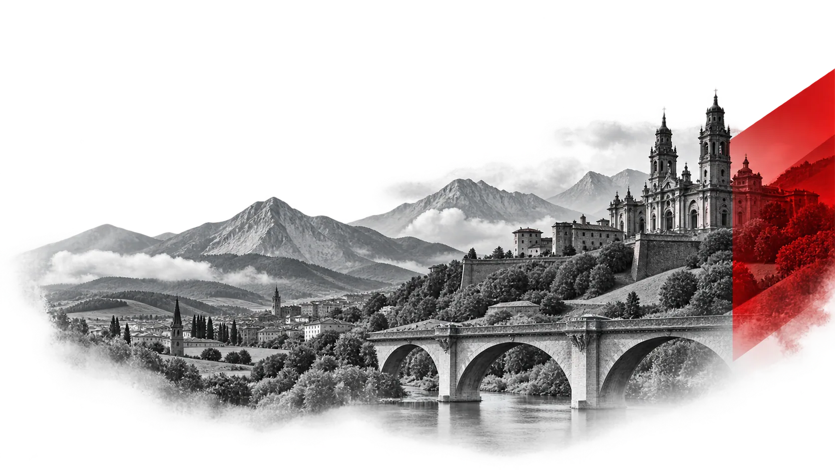 Panorámica de Navarra en blanco y negro: el puente sobre el río y la ciudad en la ladera