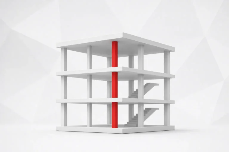 Maqueta 3D de un edificio blanco de tres plantas con pilares y escaleras, y una columna roja que atraviesa todos los forjados
