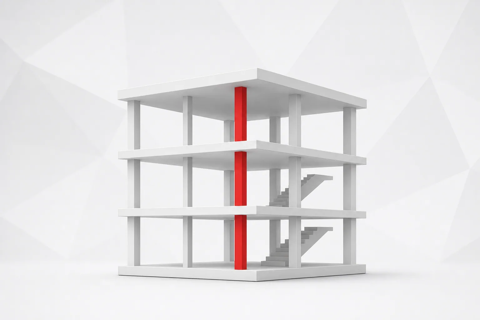 Maqueta 3D de un edificio blanco de tres plantas con pilares y escaleras, y una columna roja que atraviesa todos los forjados