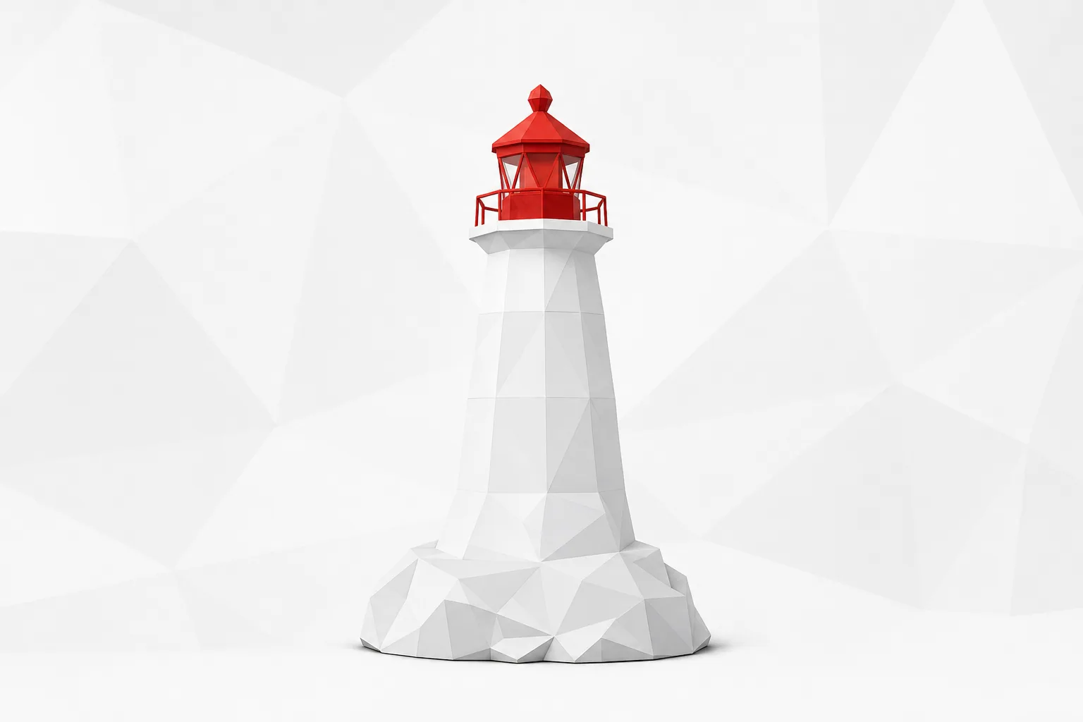 Faro blanco facetado sobre una base de roca, con la linterna y la barandilla de arriba en rojo