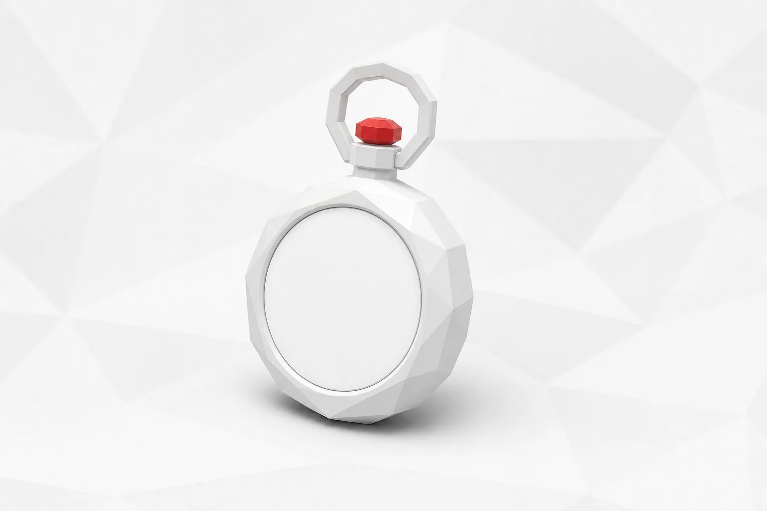 Cronómetro blanco de formas facetadas con la esfera vacía y un botón rojo, sobre un fondo blanco geométrico
