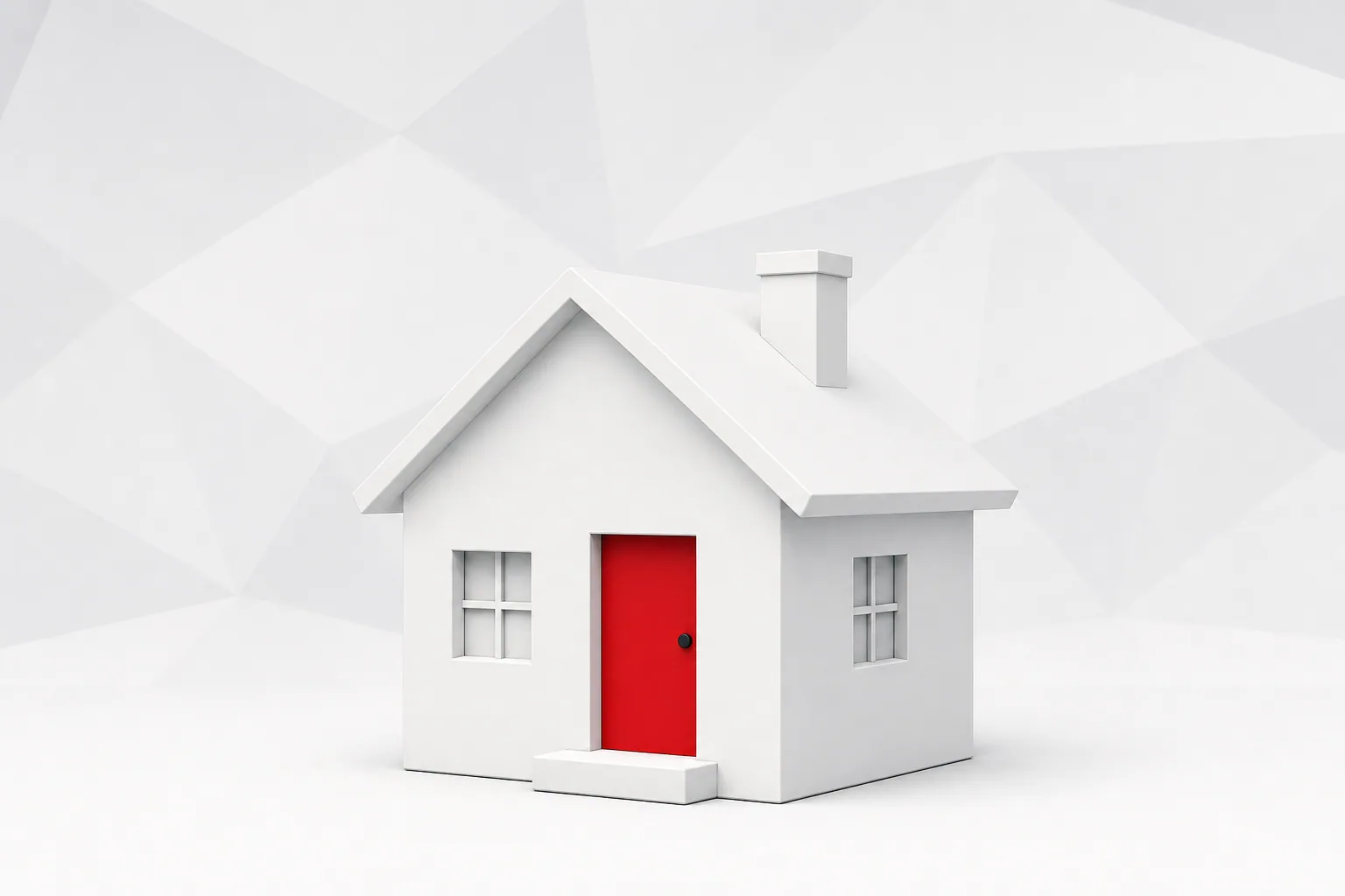 Casa blanca en 3D con puerta roja, dos ventanas y chimenea sobre un fondo gris claro de formas geométricas