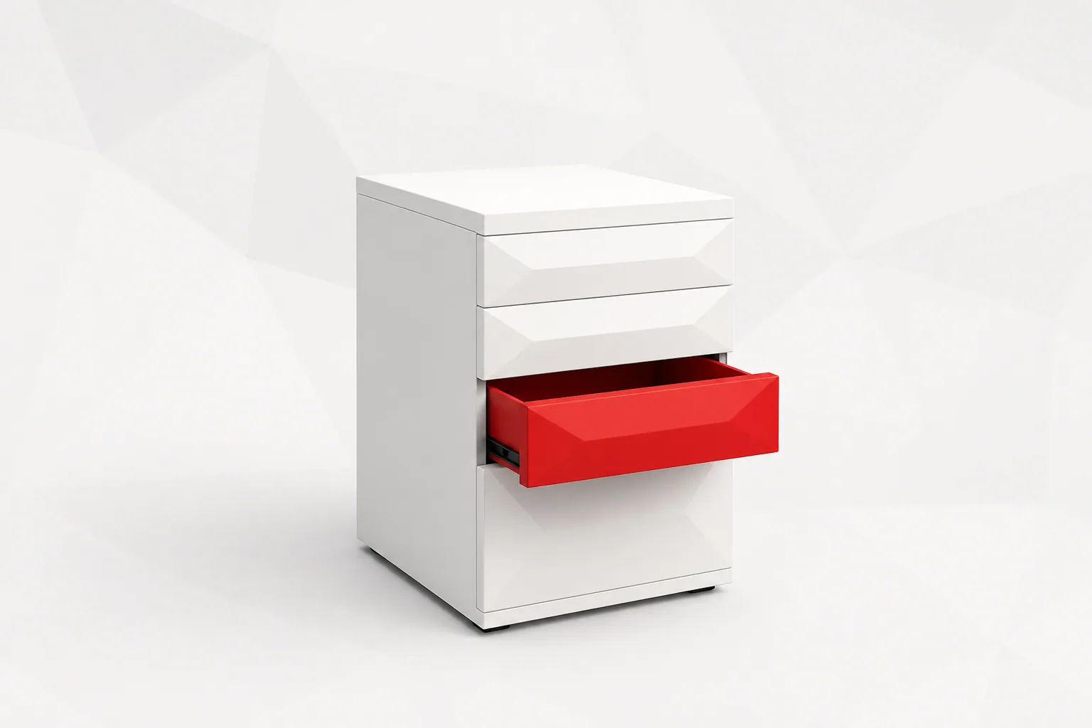Cajonera blanca de cuatro cajones, con el tercero abierto y en rojo