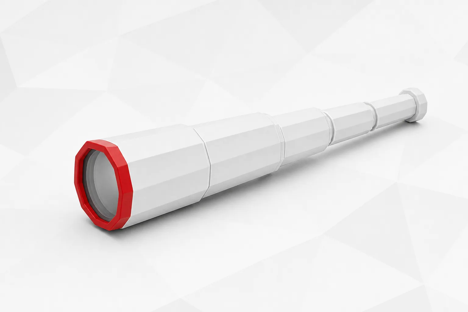 Catalejo blanco extendido con el borde de la lente en rojo sobre un fondo gris claro de formas geométricas