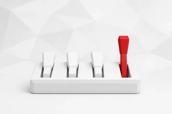 Cuatro palancas facetadas sobre una base blanca: tres bajadas en blanco y una subida en rojo