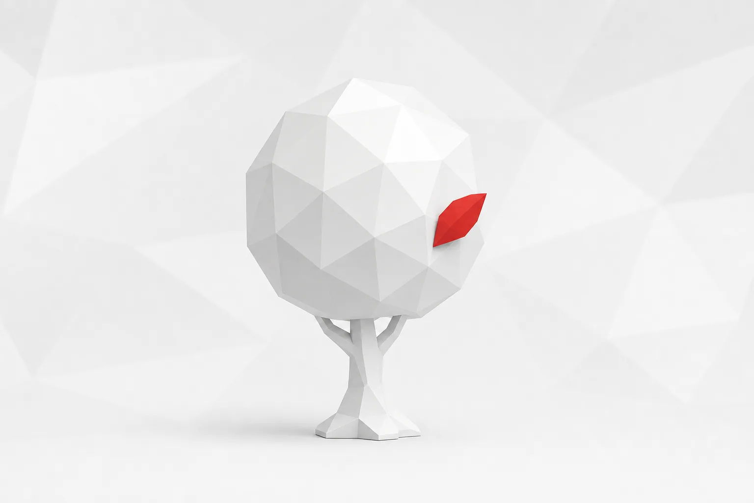 Árbol blanco facetado de copa redonda, con una sola hoja roja en un lado