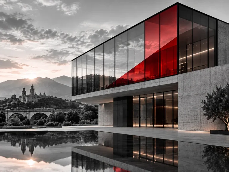 Edificio de hormigón con planta de cristal y paneles rojos junto a un estanque, con un puente y una iglesia al fondo