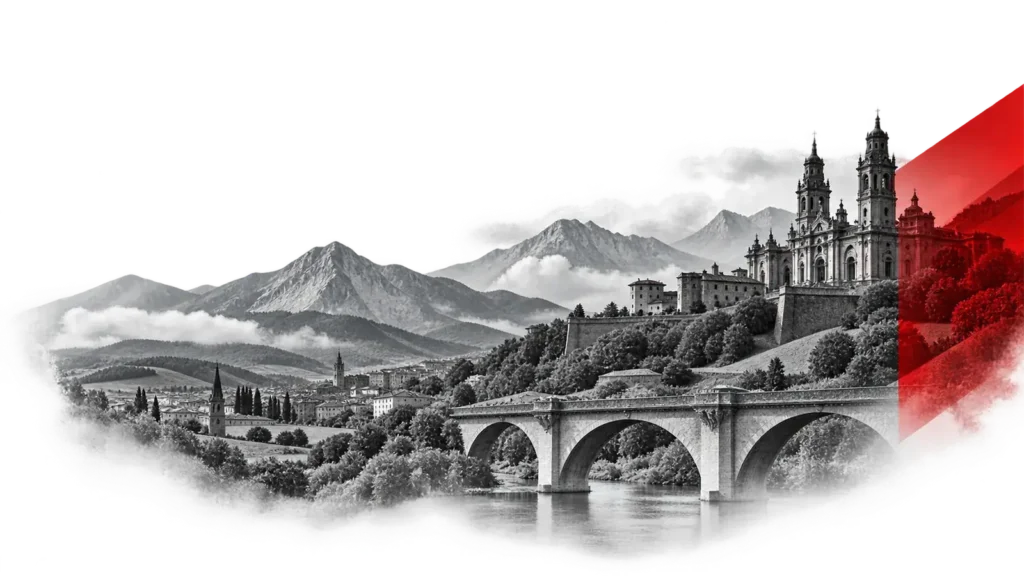 Composición en blanco y negro de Navarra con montañas, un puente de piedra y una catedral, con una franja roja diagonal