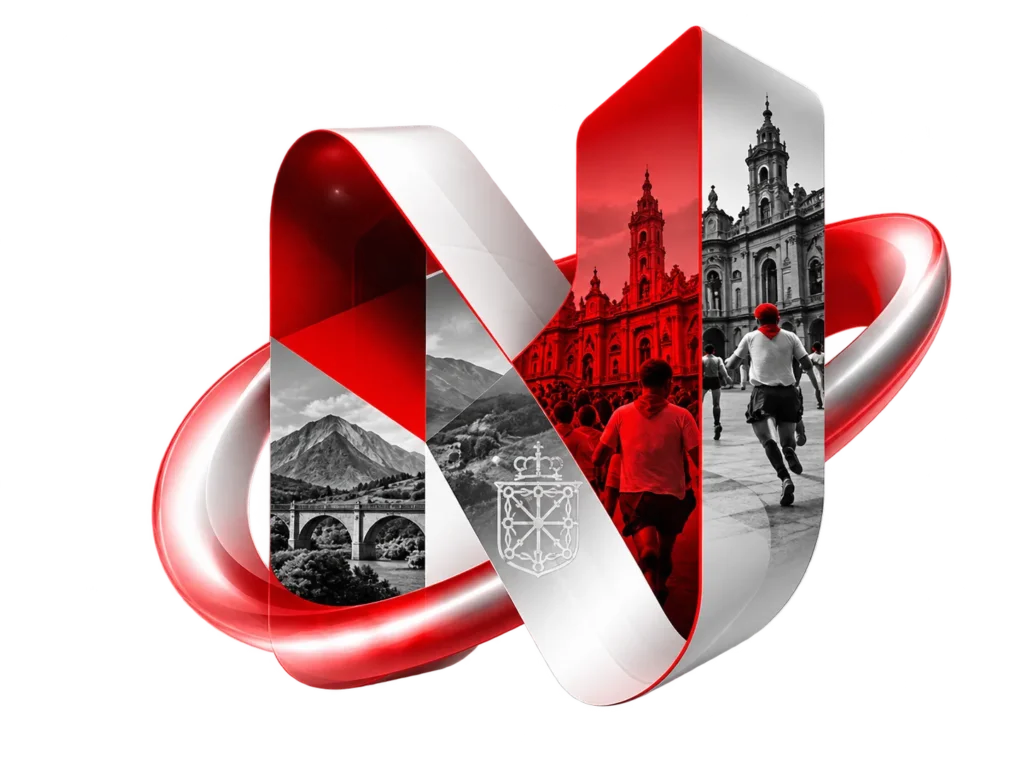 Letra N tridimensional en rojo y blanco, envuelta por una cinta, con imágenes de Navarra en sus caras