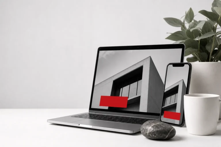 Portátil y móvil con la misma web abierta, sobre una mesa clara junto a una planta y una taza.