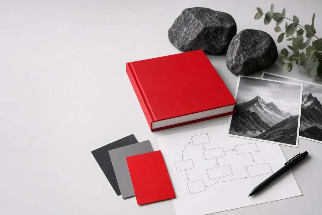 Libro rojo, muestras de color y un diagrama de flujo a lápiz junto a fotos de montañas en blanco y negro