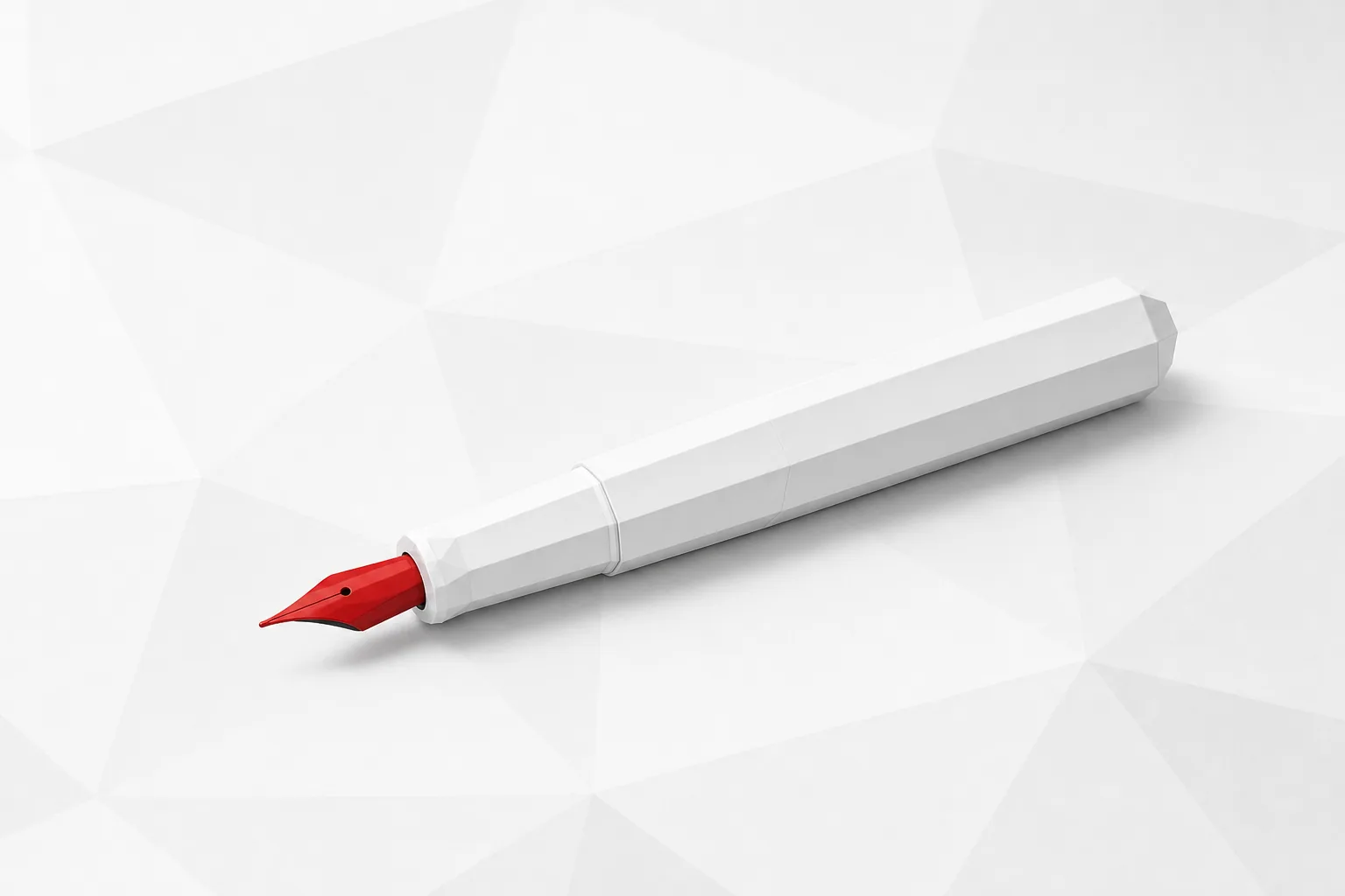 Pluma estilográfica blanca de cuerpo facetado con plumín rojo sobre un fondo gris claro de formas geométricas