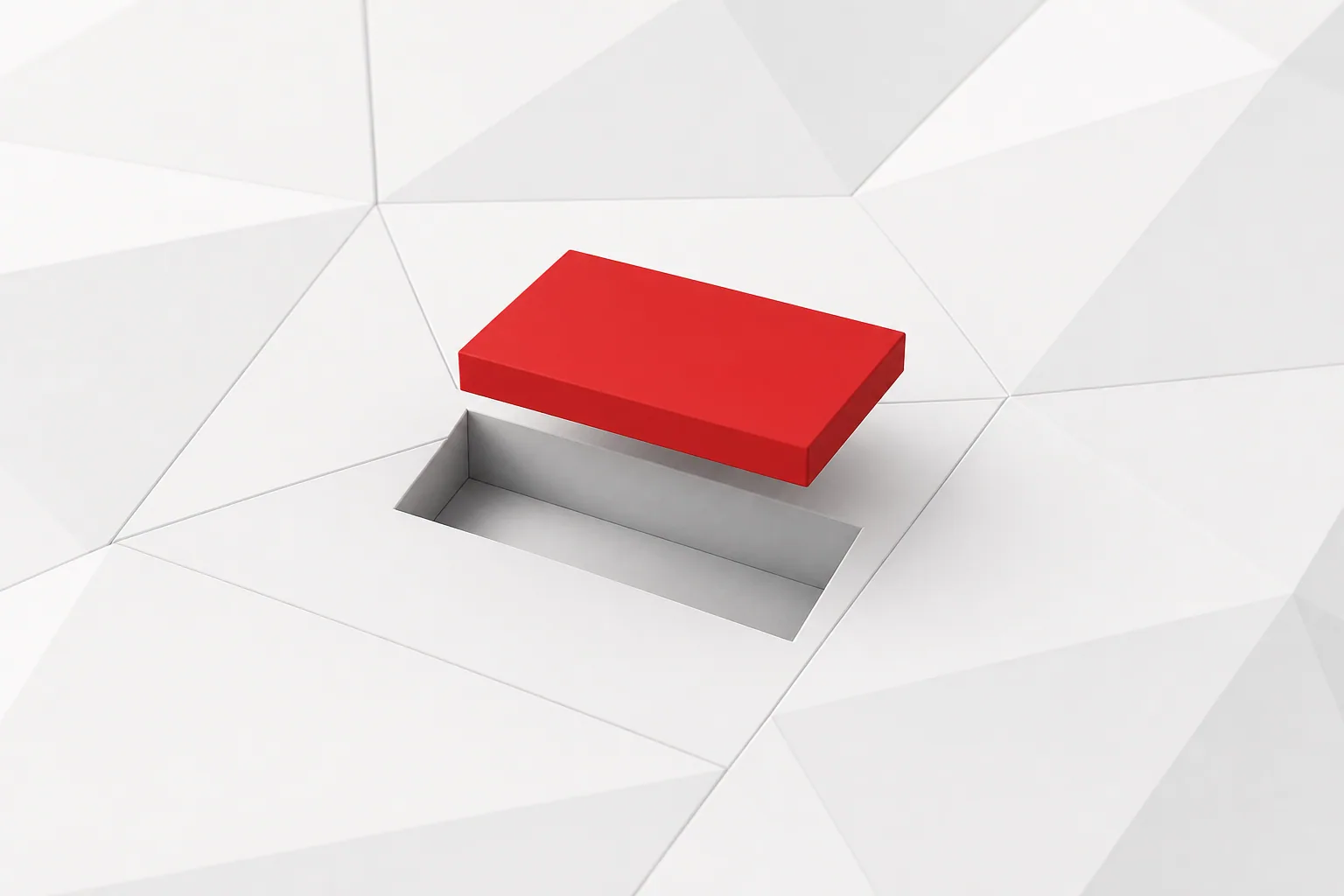 Una pieza rectangular roja levantada sobre el hueco de un panel facetado blanco, a punto de encajar