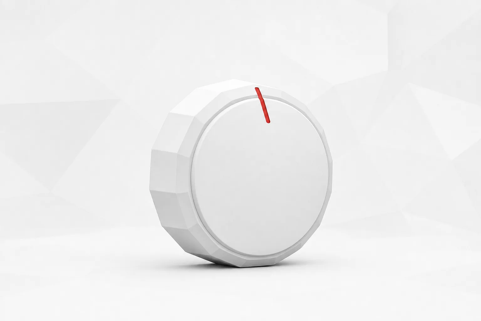 Un dial de ajuste circular, facetado y blanco, con una única marca roja en la posición elegida