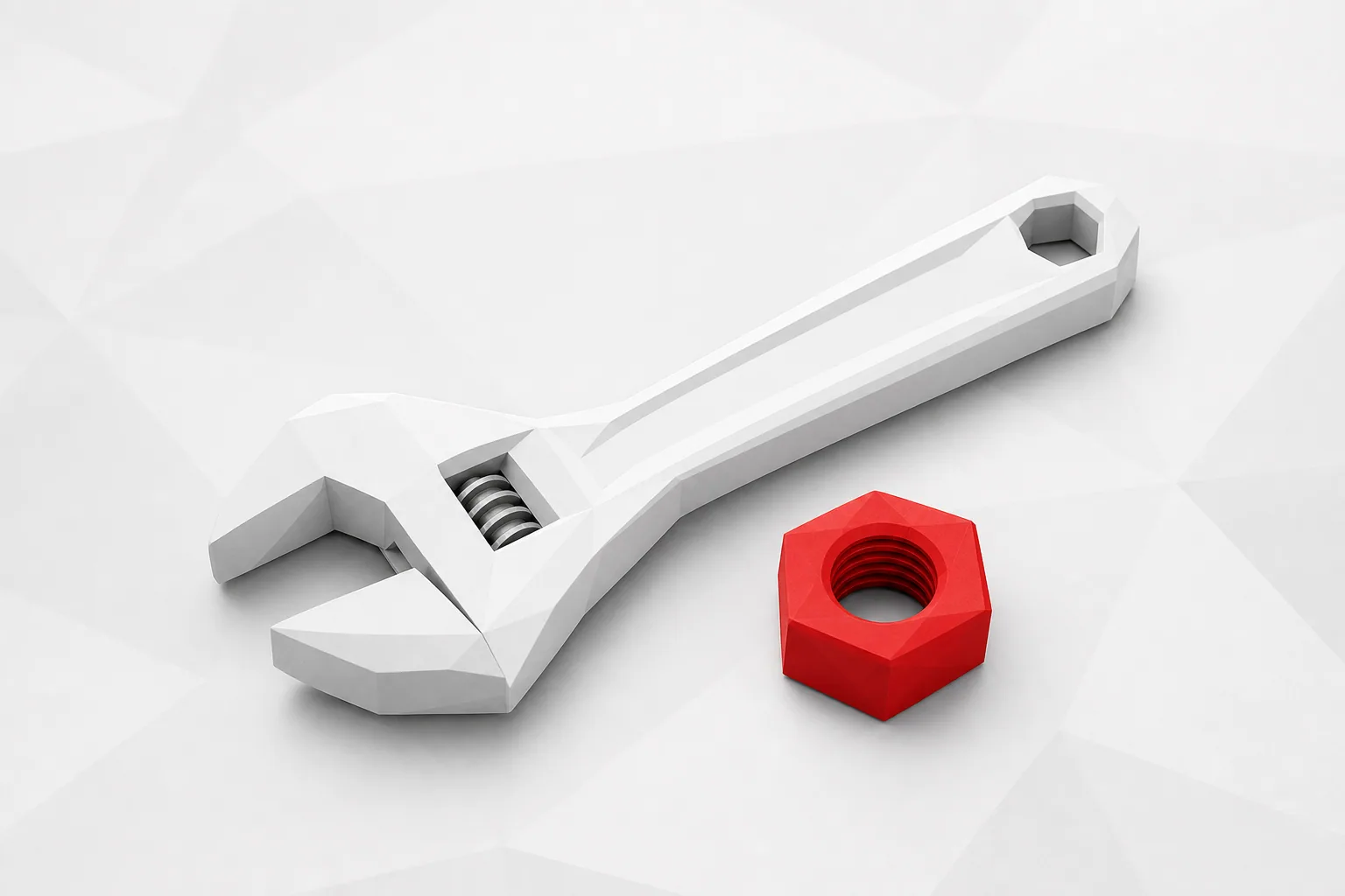 Llave inglesa blanca de estilo poligonal junto a una tuerca hexagonal roja sobre un fondo gris claro