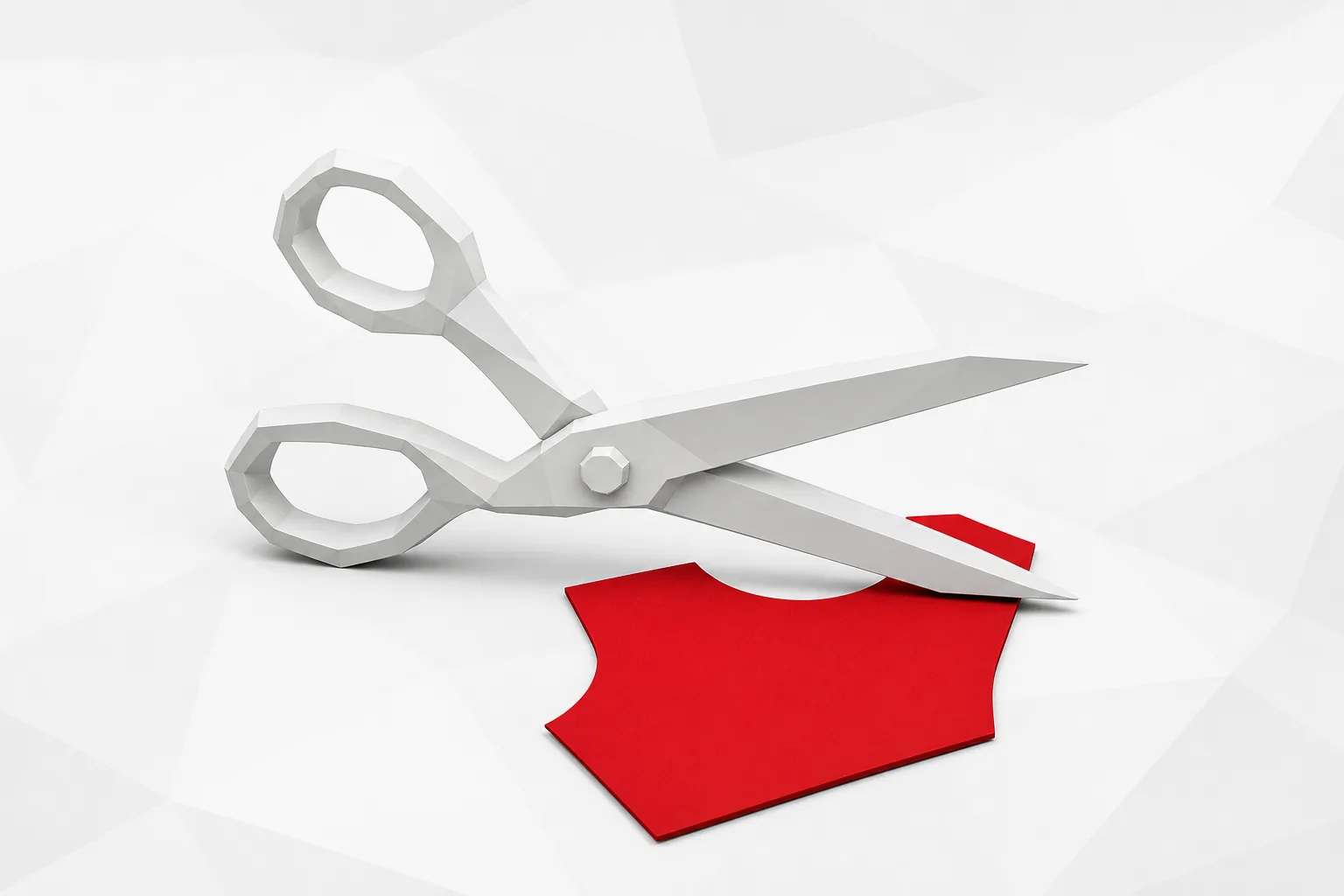 Tijeras blancas de formas geométricas recortando una pieza roja con forma de patrón de camiseta sobre fondo gris claro